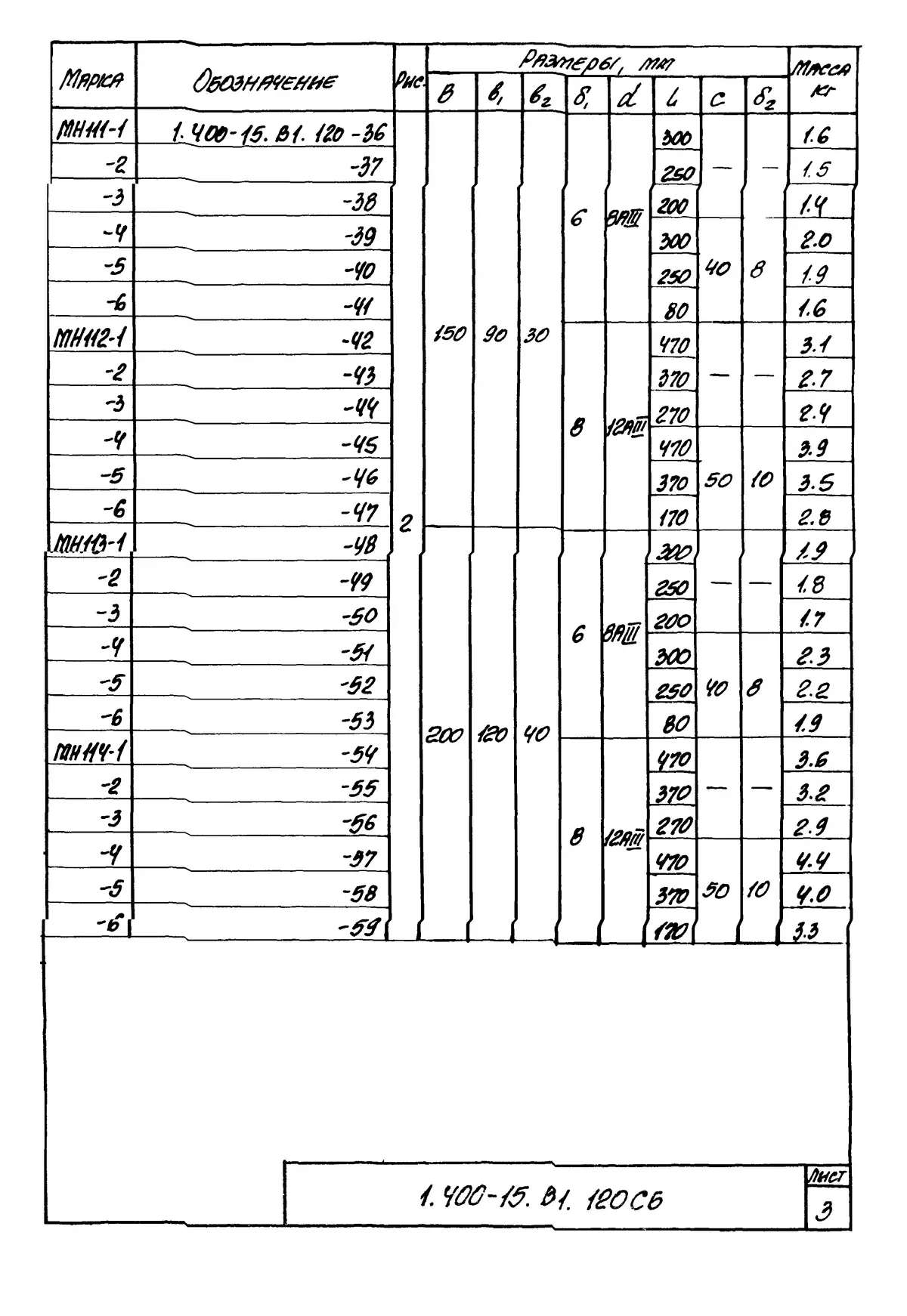 Серия 1.400-15 вып. 1, 1.400-15.В1.120 СБ, лист 3: Изделия закладные МН 105–116, сборочный чертёж