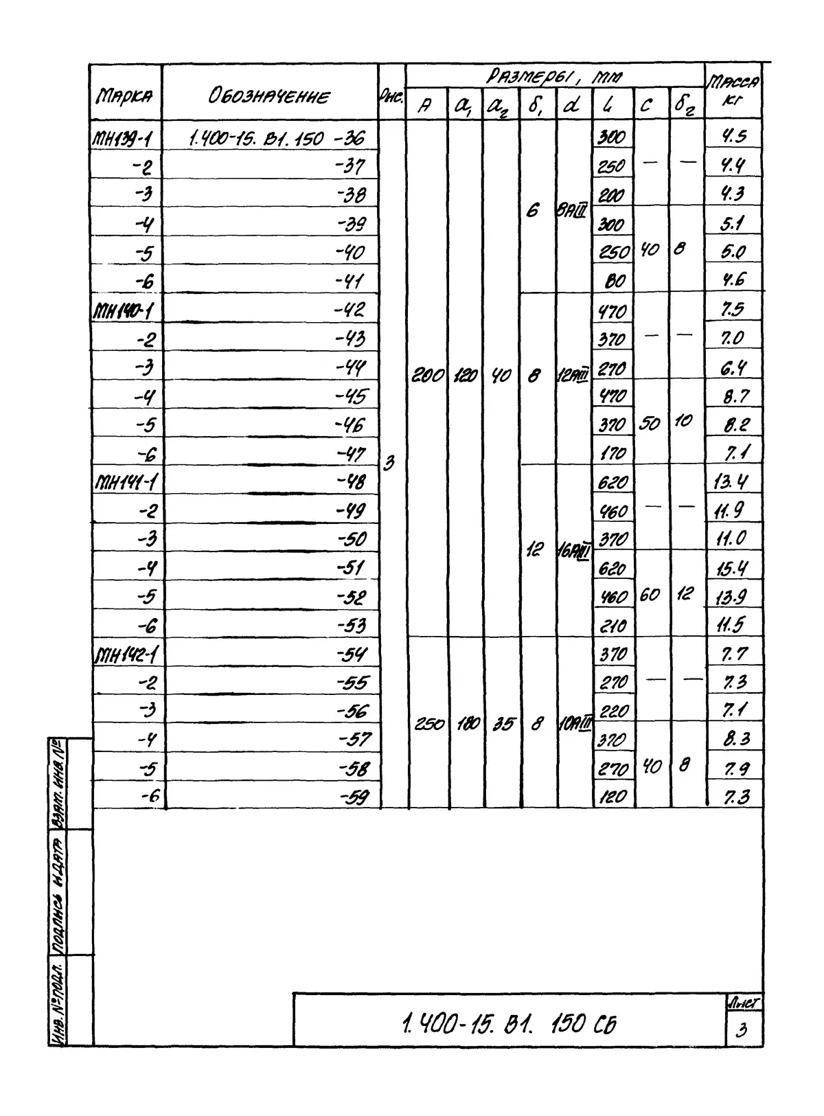 Серия 1.400-15 вып. 1, 1.400-15.В1.150 СБ, лист 3: Изделия закладные МН 133–145, сборочный чертёж