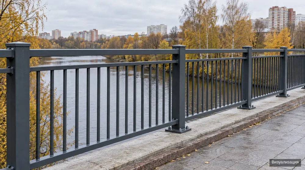 Перильное ограждение на мосту через реку, визуализация