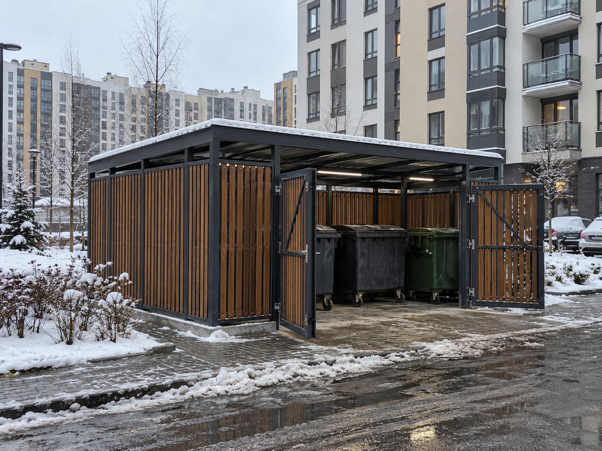Площадка с деревянными ламелями зимой