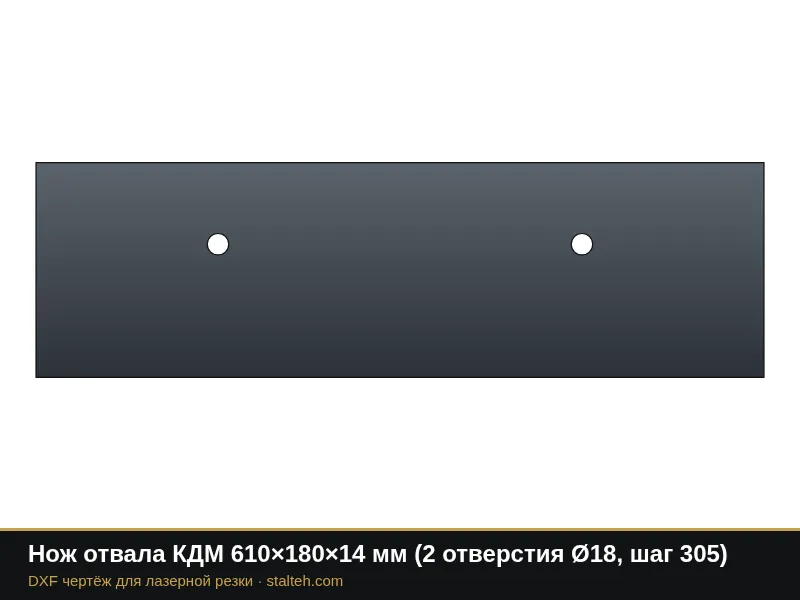 Нож отвала КДМ 610×180×14 мм (2 отверстия Ø18, шаг 305): DXF чертёж для лазерной резки