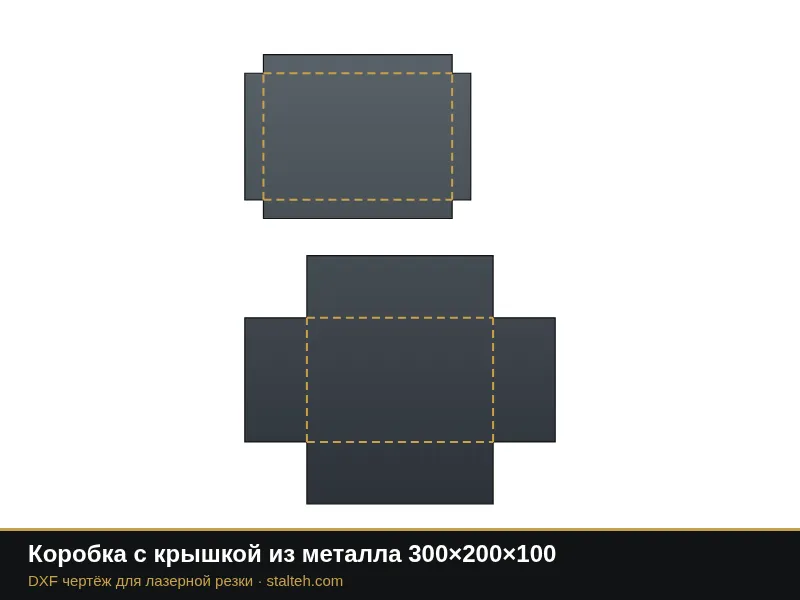 Коробка с крышкой из металла 300×200×100: DXF чертёж для лазерной резки